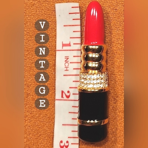 Vtg KENNETH J LANE Glossy RED "KJL" Lipstick Pin Gold Enamel Rhinestones Brooch - Picture 6 of 12